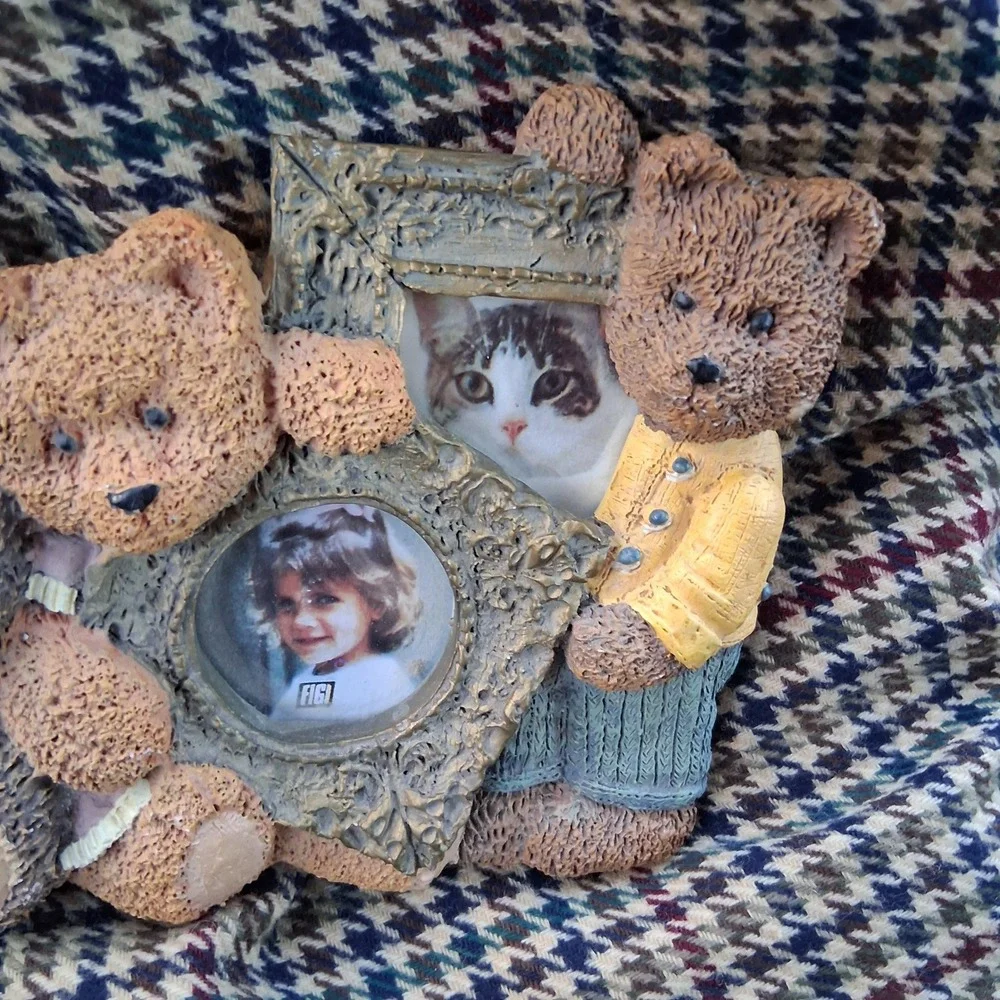 Vtg 90s Teddy Bear Multi Photo Frame Resin Rustic Cottagecore Butter Mom